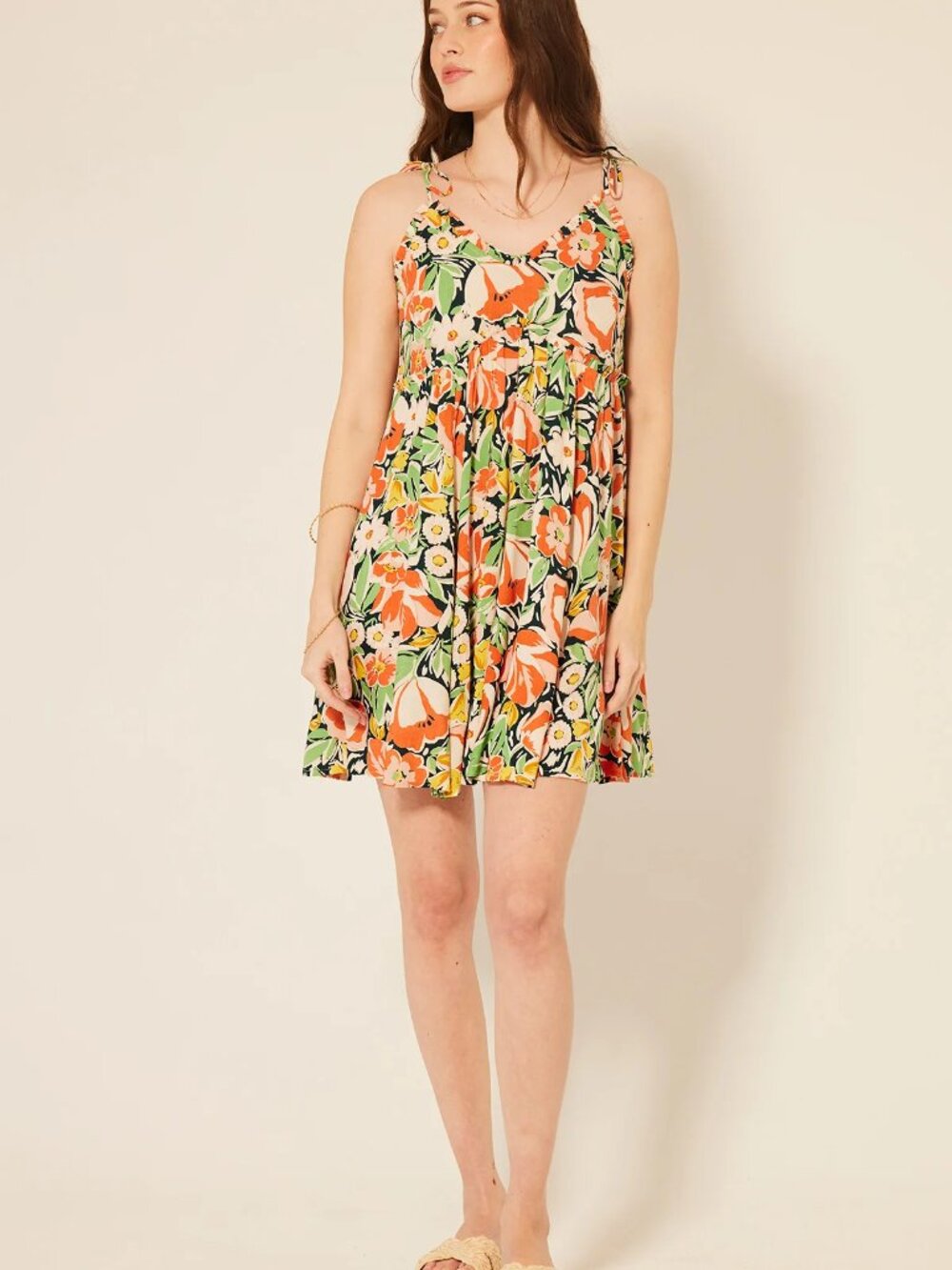 PATRONS OF PEACE Malibu Swing Mini Dress Multicolor Floral FQ Coral Bloom Size M
